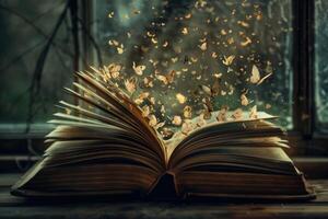 Open book releasing a swarm of golden butterflies in a mystical setting photo