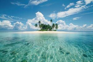 Tropical island with palm trees rising from crystal clear water under cloudy sky photo