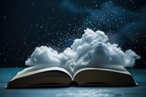 Open book generating stunning cloud formation at night with sparkling particles photo