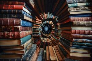 Tunnel of old books creating a spiral shape, exploring the depths of literature photo