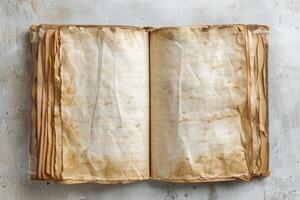 Open old book showing blank pages with torn edges on gray background photo