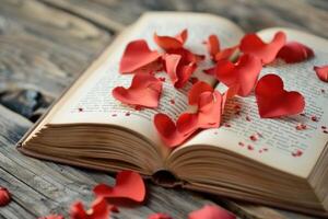 Heart shaped petals adorning an open book on rustic wood photo