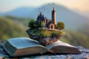 Fairytale castle floating on a rock over an open book in a magical landscape photo