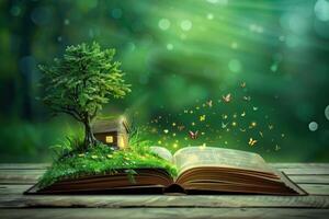 Open book with fairytale house, tree, and flying butterflies creating magical atmosphere photo