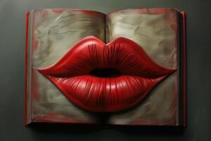 Red lips blowing a kiss on open book cover, sensual literature concept photo