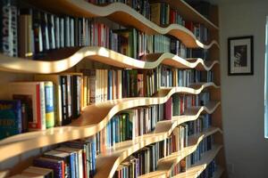 Modern wooden bookshelf holding many colorful books in a wavy design photo