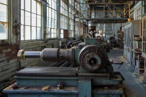 Old rusty industrial lathe machine sitting in abandoned factory photo