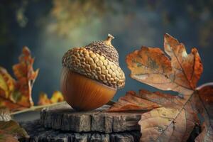 Acorn balancing on tree stump with autumn leaves in the background photo