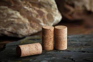 Wine corks resting on dark stone surface with blurred rock background photo