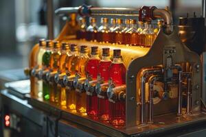 Automatic bottling machine filling bottles with colorful liquid at distillery photo