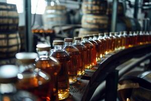 Bottles of alcoholic beverage moving on conveyor belt in distillery photo