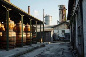 Oak barrels aging under canopy at distillery or winery photo