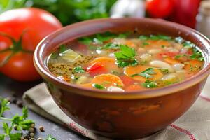 Fresh vegetable soup with parsley and beans warming in rustic bowl photo