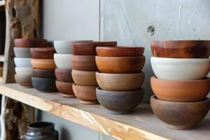 Wooden and ceramic bowls stacked on shelf in pottery workshop photo