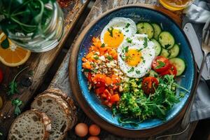 Delicious breakfast bowl with fried eggs, vegetables, and quinoa on rustic wooden table photo