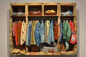 Clothes hanging in a wooden pallet closet displaying fashion and organization photo
