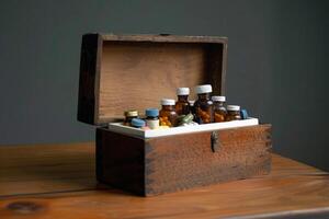 Old wooden box containing medicine bottles and pills sitting on table photo