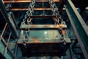 Rusty industrial container hanging from chains in abandoned factory photo