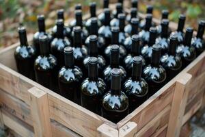 Wine bottles resting in wooden crate outdoors photo