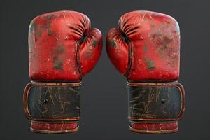 Pair of worn red boxing gloves facing each other on dark background photo