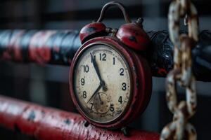 Old red alarm clock hanging on a metal pipe showing almost three o'clock photo
