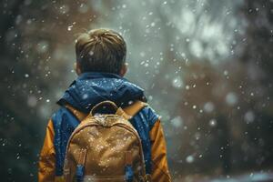 Young student walking in snowfall wearing backpack and winter jacket photo