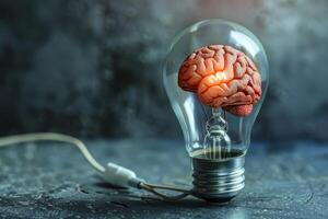 Brain generating innovative ideas inside light bulb, power of creativity photo