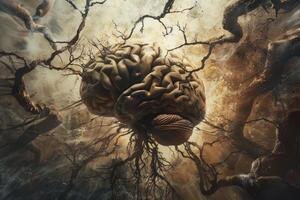 Human brain connected to universe by branches of dead tree photo