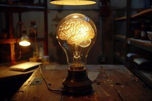 brillante cerebro dentro ligero bulbo esclarecedor taller mesa foto