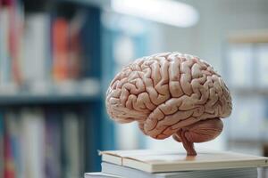 Human brain model sitting on books in library setting, exploring the power of knowledge photo
