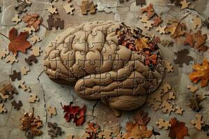 Brain puzzle losing pieces with autumn leaves representing memory loss photo