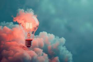 Glowing light bulb emerging from colorful clouds symbolizing ideas and innovation photo