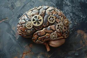 Metallic brain with rotating gears symbolizing thinking process photo