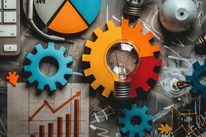 Business development concept showing lightbulb, gears and pie charts on table photo