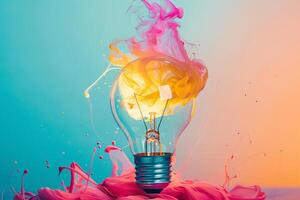 Light bulb exploding with colorful paint splashing, symbolizing creativity and innovation photo