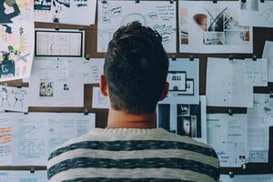 Creative designer analyzing notes and sketches pinned to a board photo