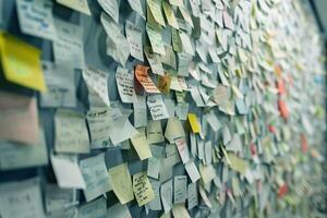Wall covered with colorful sticky notes showing ongoing project management photo