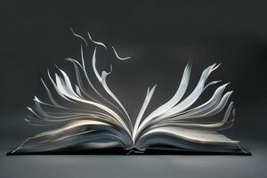 Open book with pages forming an abstract shape on dark background photo