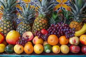 Fresh tropical fruits displayed on rustic table with colorful tiles background photo