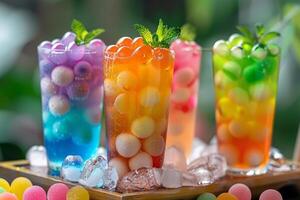 Bartender preparing refreshing colorful summer cocktails with boba and ice cubes photo
