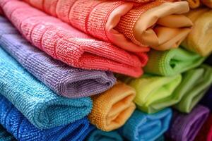 Stack of colorful microfiber cleaning cloths folded and stacked photo