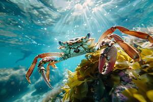Large crab posing underwater on algae with sun rays shining through water surface photo