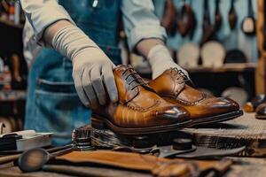 Close up of a shoemaker working with a brogue shoe in a shoemaker's workshop photo