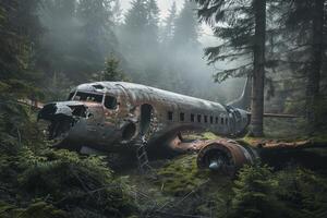 Abandoned plane wreck decaying in misty forest photo
