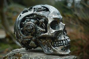 Metallic skull with exposed brain showing complex gears and wires photo