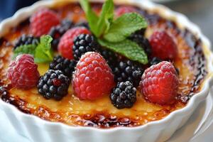 Delicious creme brulee topped with fresh raspberries and blackberries decorated with mint leaves photo