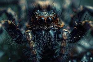Jumping spider showing fangs and staring in close up macro photography photo
