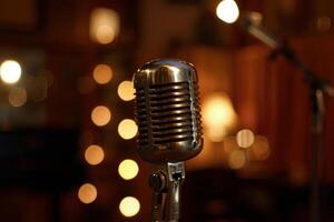 Vintage microphone stands ready for singer performing in nightclub with bokeh lights photo