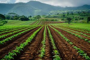 Rows of tobacco plants growing in fertile soil with lush green hills in background photo