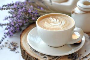 Cup of cappuccino with latte art near lavender flowers on wooden tray photo